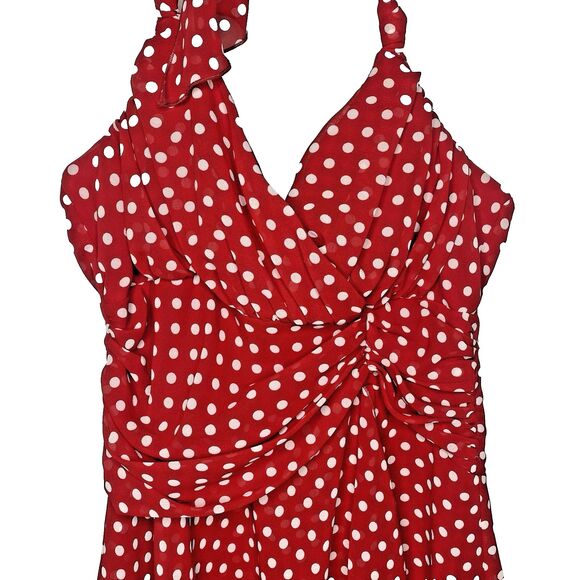 A Byer Halter Dress Red White Polka Dot Faux Wrap Lined Pinup Rockabilly Size 9 - Picture 3 of 13
